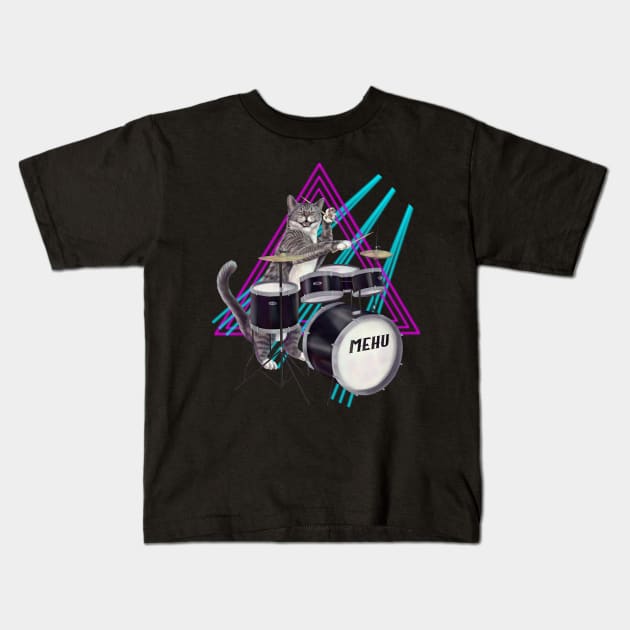 Cat Drummer - Rock band kitty playing the drums Kids T-Shirt by Mehu Art